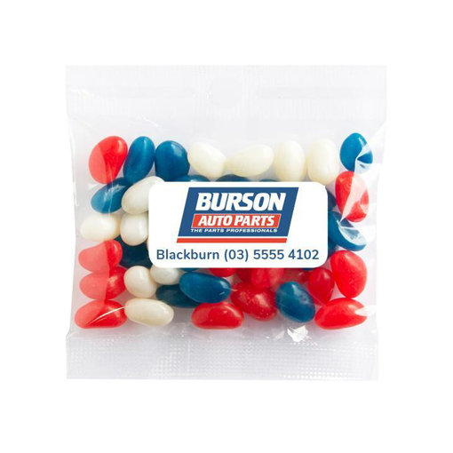 Burson - 50g Mini corporate coloured jellybeans with customised labels $0.89 per bag 