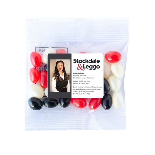 Stockdale & Leggo -Corporate Colours 30g bags of jellybeans with labels $0.75c per bag 